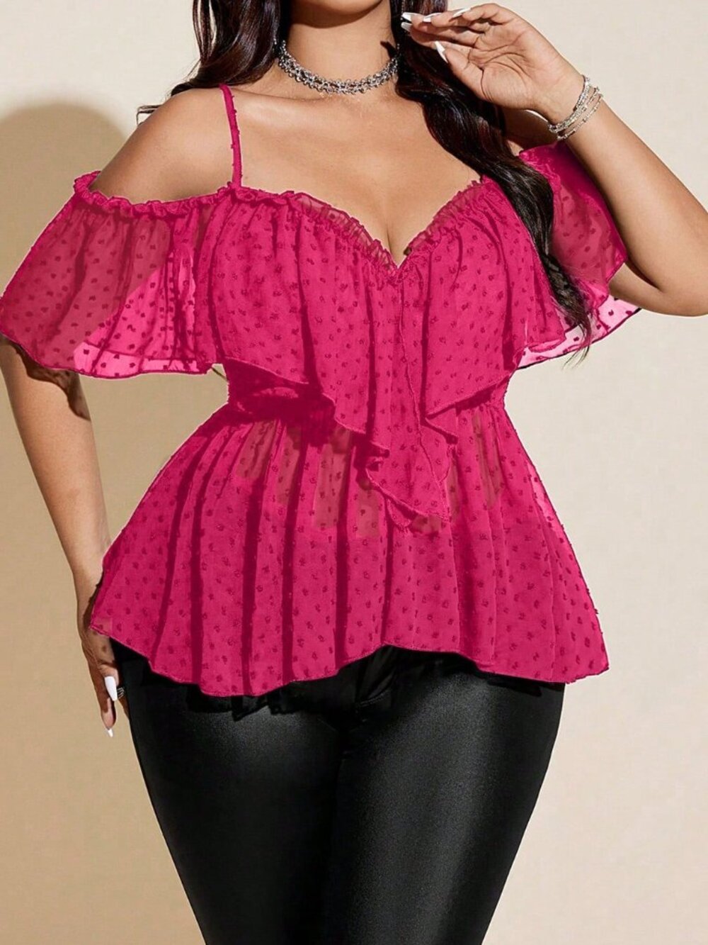 Hot Pink Casual Women's Plus Size Polka Dot Ruffle Off-Shoulder Sexy Blouse